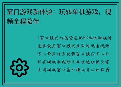 窗口游戏新体验：玩转单机游戏，视频全程陪伴